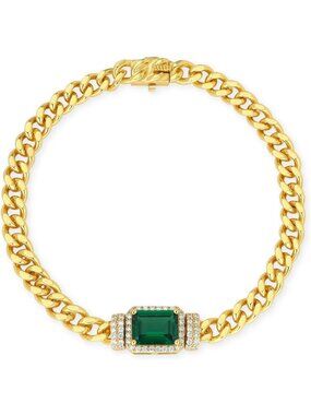 Adjustable Green Emerald Bracelet for Women - 18K Gold Plated Cuban Link Jewelry